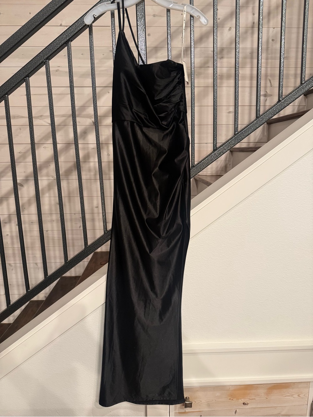 David's Bridal Black Satin Prom Gown with Spaghetti Straps
